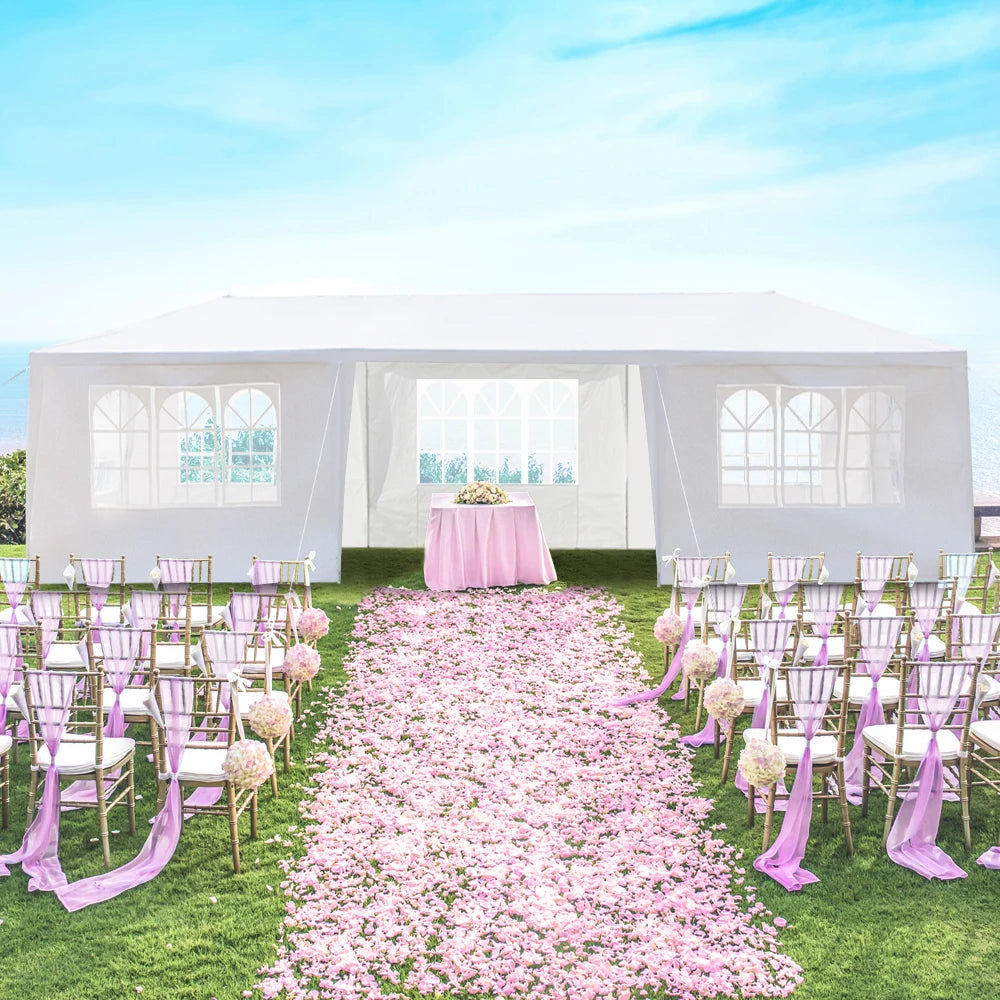 Tente de réception blanche 10'x30' avec 7 parois latérales amovibles, en tissu PE et structure en fer, abri de jardin imperméable avec fenêtres pour mariages, événements en extérieur, patios, ou comme abri commercial.