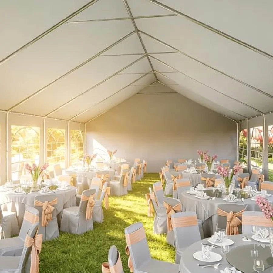 20x40 Party Tent Canopy for Weddings: Waterproof white polyester canopy with heavy-duty steel frame, removable sidewalls roll-u