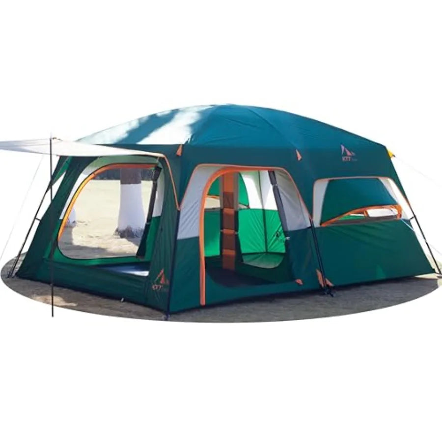 Extra Large Tent 12-14 Person, Family Cabin Tents, 2 Bay-Windows, 2 Rooms and 3 Doors 3 Windows with Mesh, Waterproof, Straight