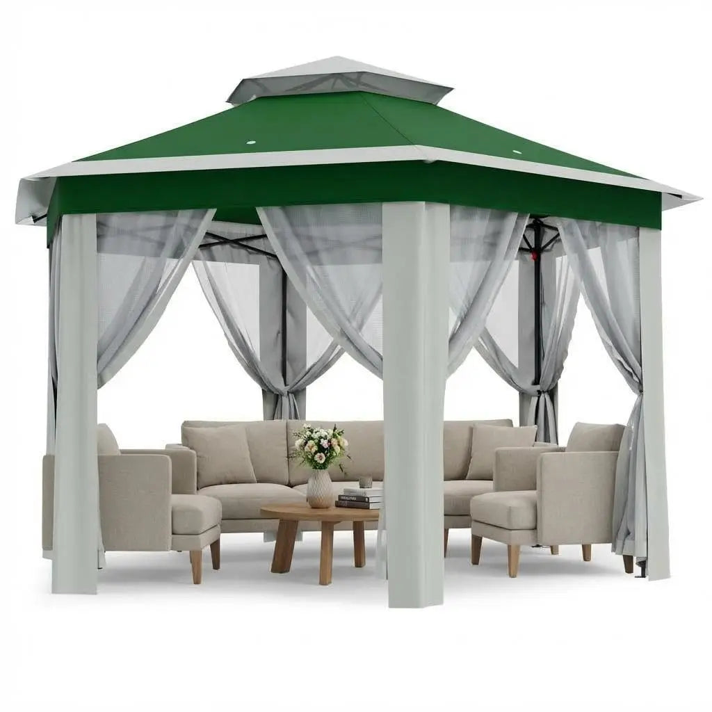 Tonnelle pop-up robuste 13x13 pieds à 6 côtés – Toit à double ventilation, fenêtres en maille, moustiquaire, réglable, personnalisable
