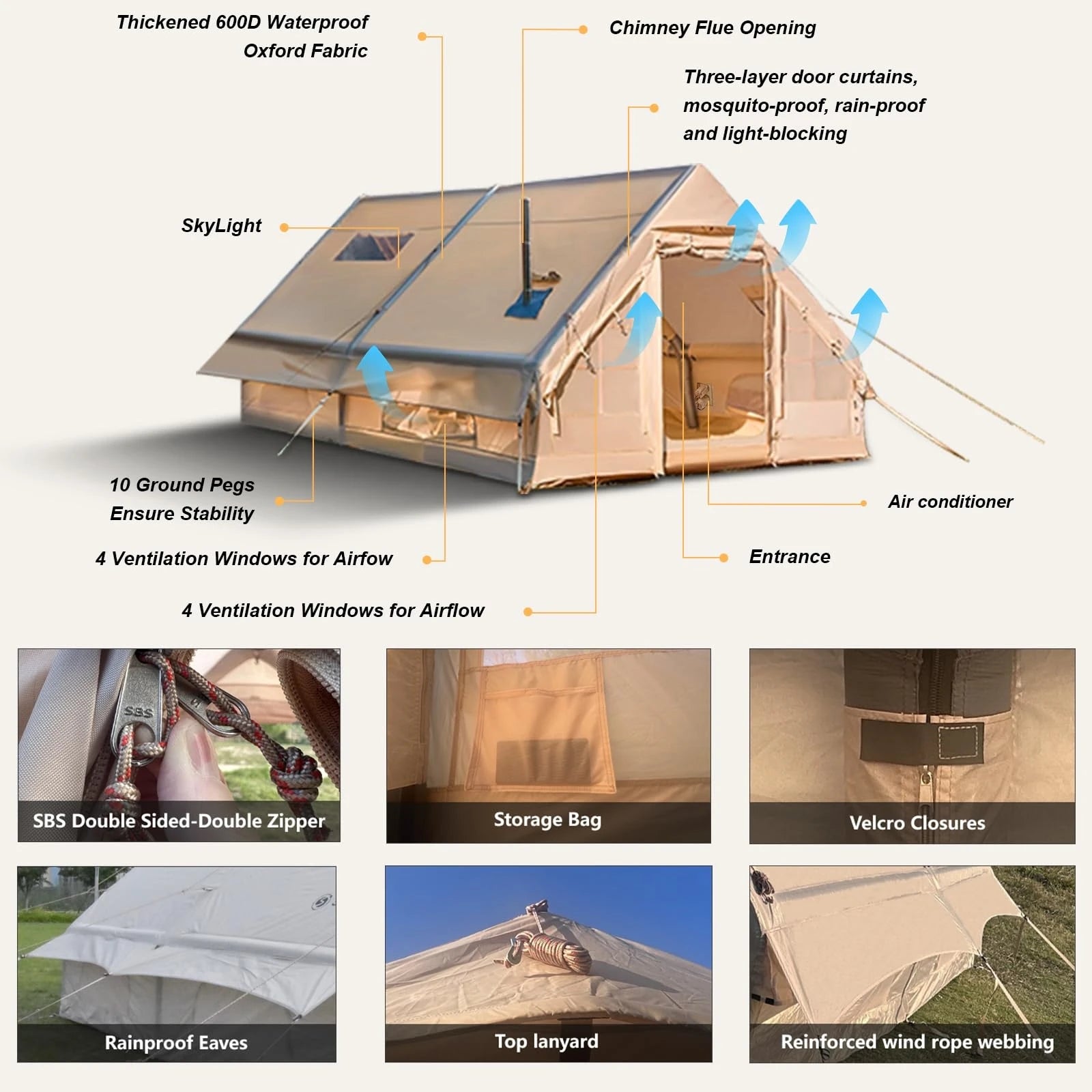 Portable Outdoor Waterproof Four Seasons Family Camping Tent 8-10 People Oxford Fabric Fashion Rooftop Travel Inflatable Triple