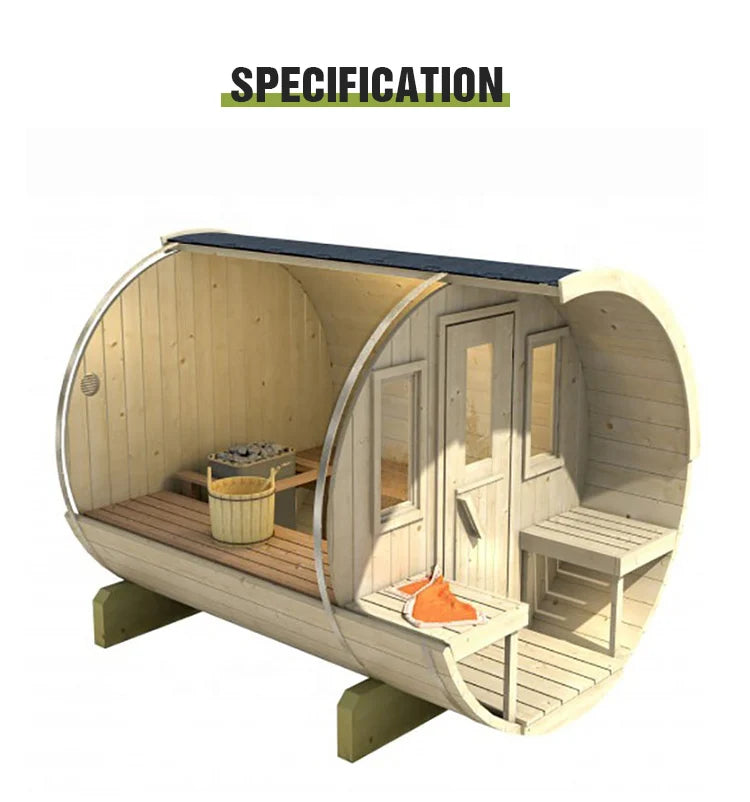 Sauna extérieur en cèdre rouge canadien pour 6 personnes avec vue panoramique et véranda.