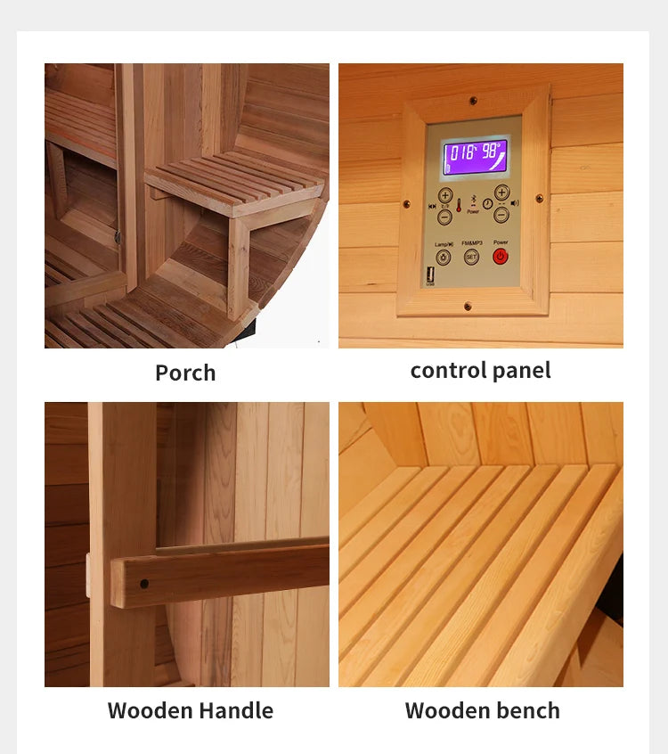 Sauna extérieur en cèdre rouge canadien pour 6 personnes avec vue panoramique et véranda.