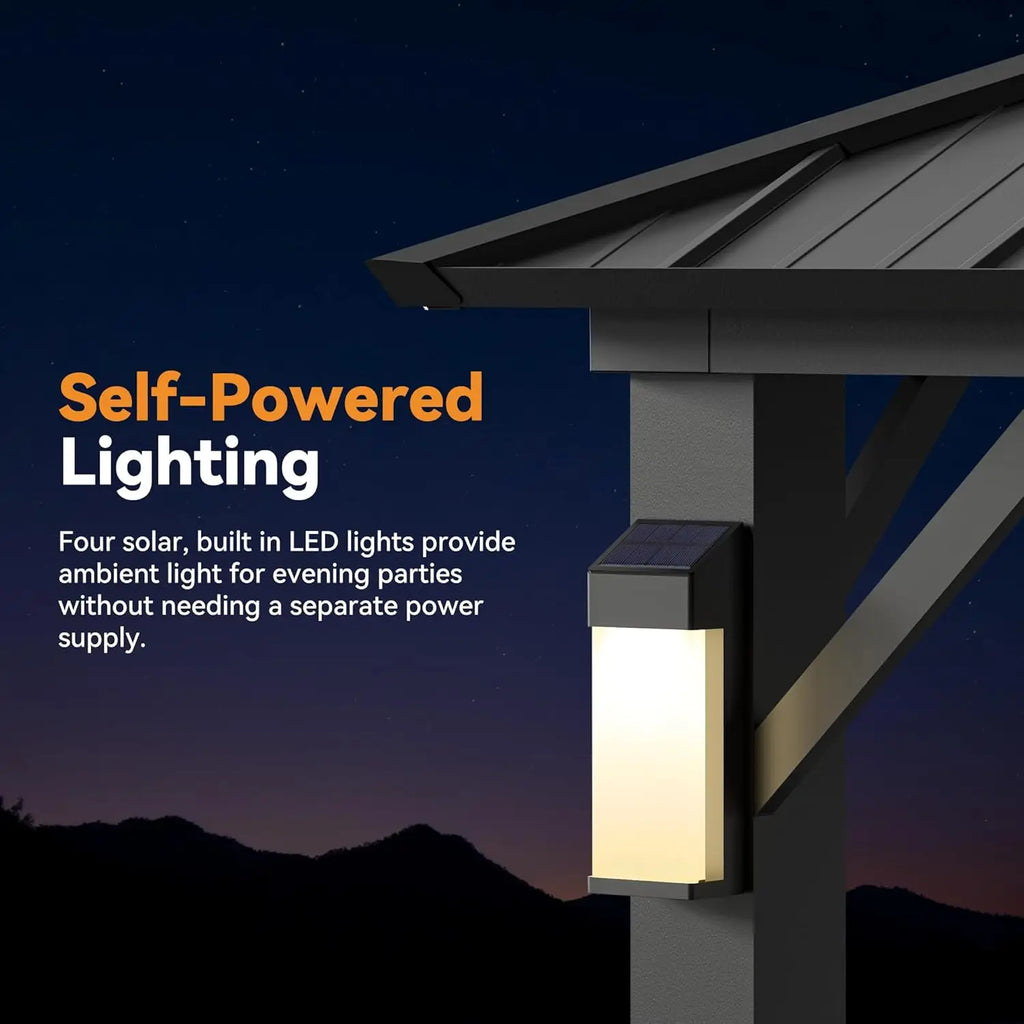 Hardtop & Permanent, Gazebo, 4 LED Lights & Galvanized Steel Frame, Modern Outdoor, 10'x12', Custom