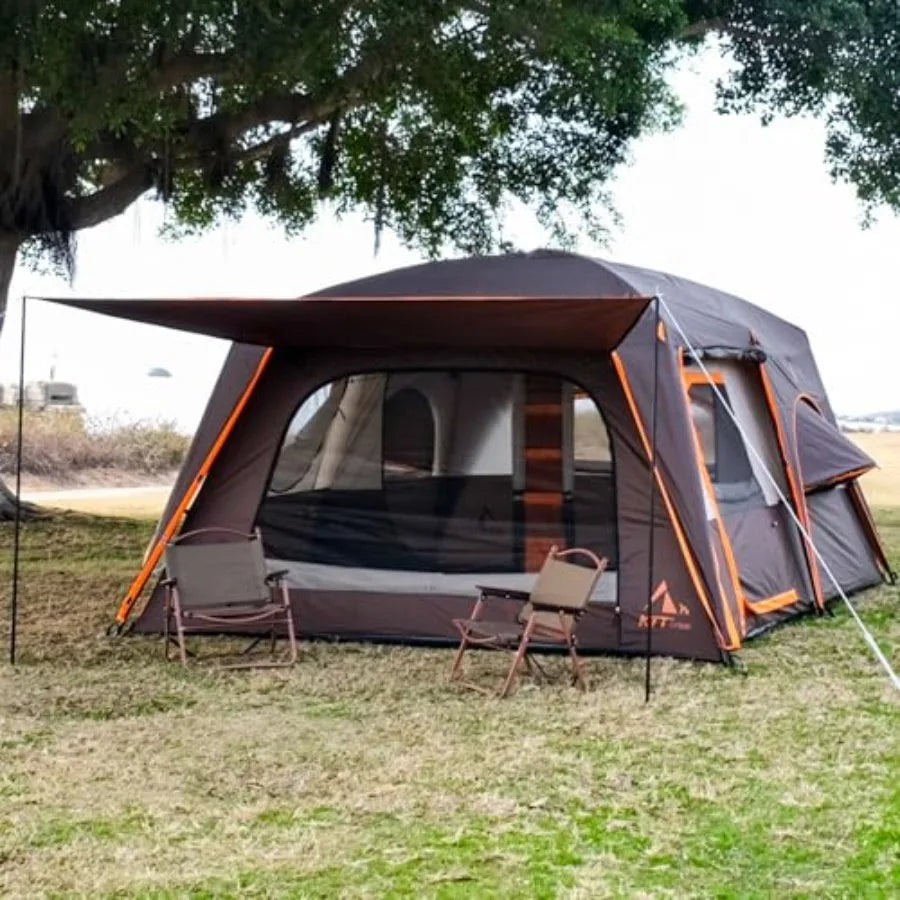 Extra Large Tent 12-14 Person, Family Cabin Tents, 2 Bay-Windows, 2 Rooms and 3 Doors 3 Windows with Mesh, Waterproof, Straight
