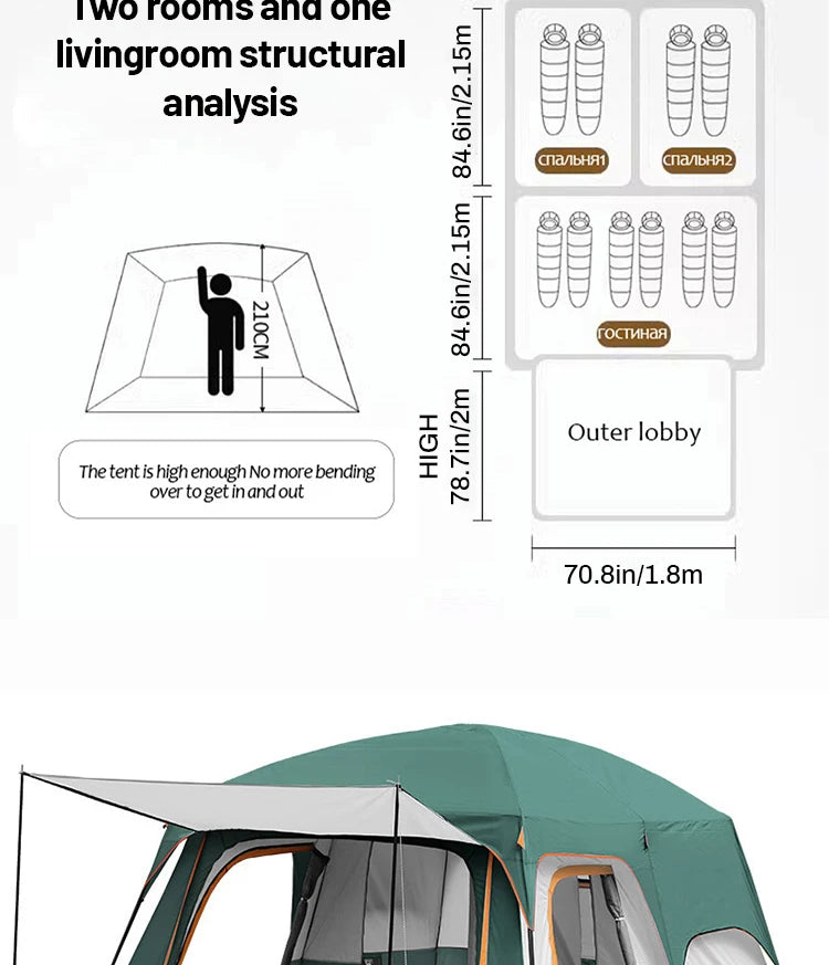 Outdoor Camping Tent for 3-12 People, Double Layers, Oversized 2 Rooms, Thickened, Rainproof, Waterproof Family Tent, Large Tent