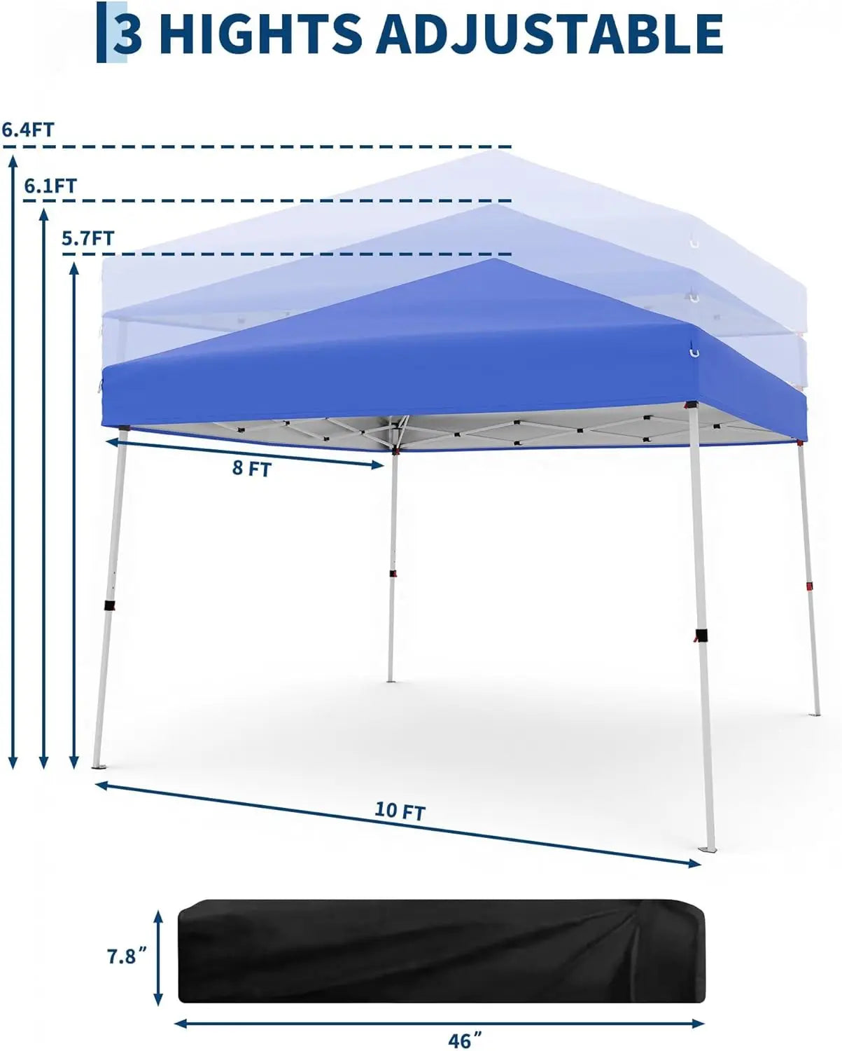 Pop Up Canopy Tent 10x10 FT, Slant Leg Waterproof Outdoor Gazebo, UV50+ Protection, 3 Height Adjustable, Easy Setup, Portable Shelter with Carry Bag for Patio, Garden, Beach, Parties - Blue