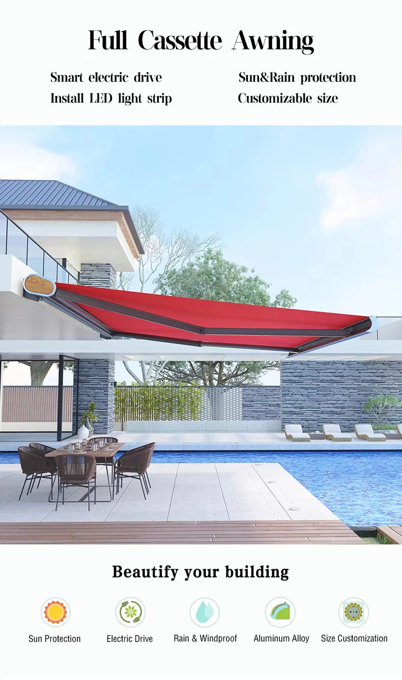 Modern outdoor retractable aluminum patio awning, awning can be customized in style,