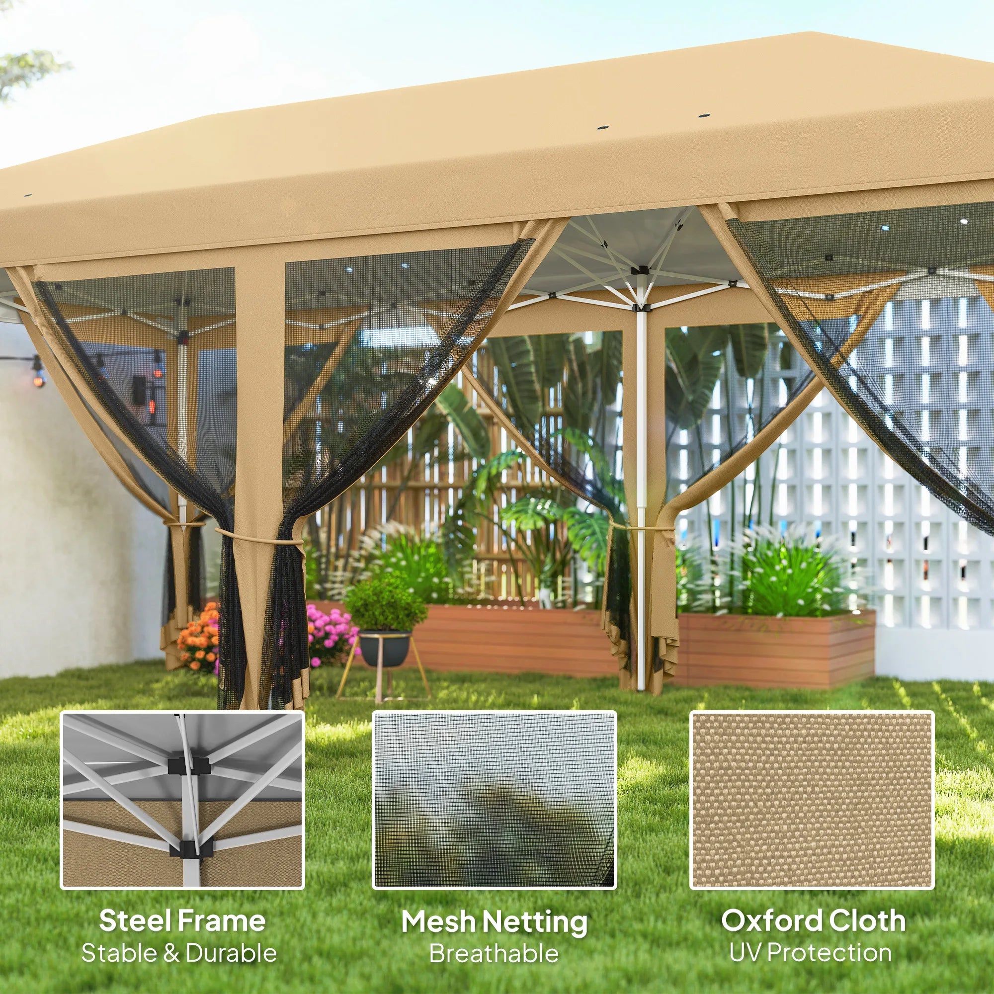 10x20 Pop Up Canopy Tent Water Resistant with Mesh Netting Heavy Duty Instant Sun Shelter Large Portable for Patio Garden Beige