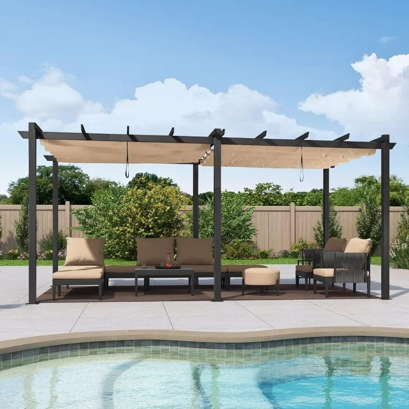 PURPLE LEAF 10' X 13' Outdoor Retractable Pergola with Sun Shade Canopy Patio Metal Shelter for Garden Porch Beach Pavilion