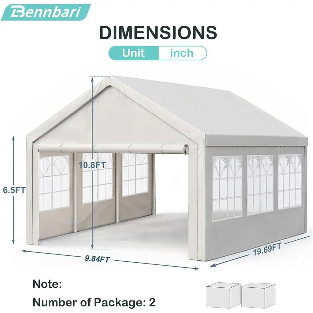 Tente de réception 10'x20' robuste pour extérieur, abri de voiture avec parois latérales amovibles, abri événementiel blanc pour mariages ou fêtes