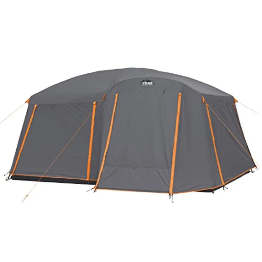 Family camping tent for 10-12 persons, multi-room cabin design, polyester fabric, gray-green color, waterproof and quick-setup