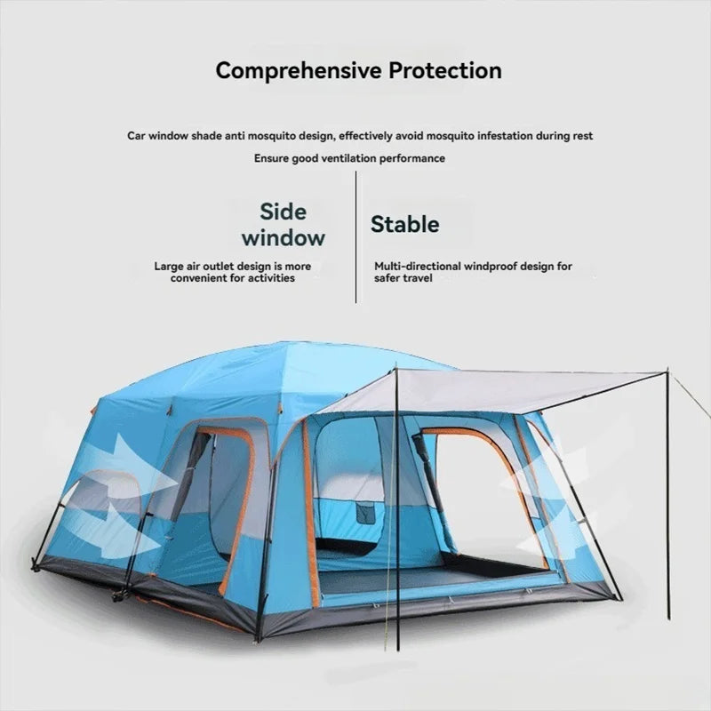 4/8/12-person outdoor family camping tent with a removable awning; spacious interior accommodates multiple people; multiple mesh windows provide ventilation and keep out mosquitoes; windproof, waterproof, and UV-resistant; su