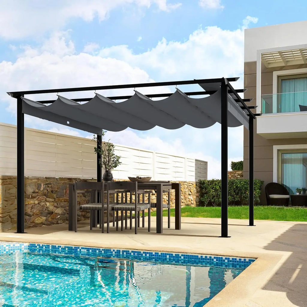 10' X 13' Outdoor Retractable Pergola Canopy for Deck, Backyard, Patio, Aluminum Pergola with Sun Canopy, Includes Ground Studs