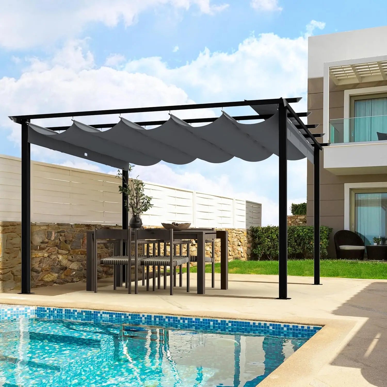 10' X 13' Outdoor Retractable Pergola Canopy for Deck, Backyard, Patio, Aluminum Pergola with Sun Canopy, Includes Ground Studs