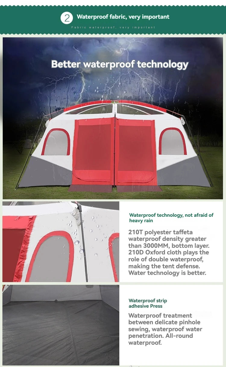 4/8/12-Person Extra-Large Camping Tent Spacious interior perfect for group trips. Waterproof, UV-resistant, and windproof. 360° mesh ventilation keeps out insects. Ideal for picnics, vacations, and lakeside relaxation. Suita