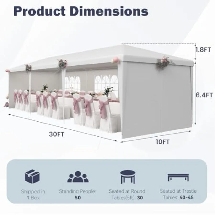 10x30 Party Tent with Sidewalls for Wedding, Party, Event Backyard Heavy Duty Waterproof PE Canopy, White, Steel Frame, 6 Remov