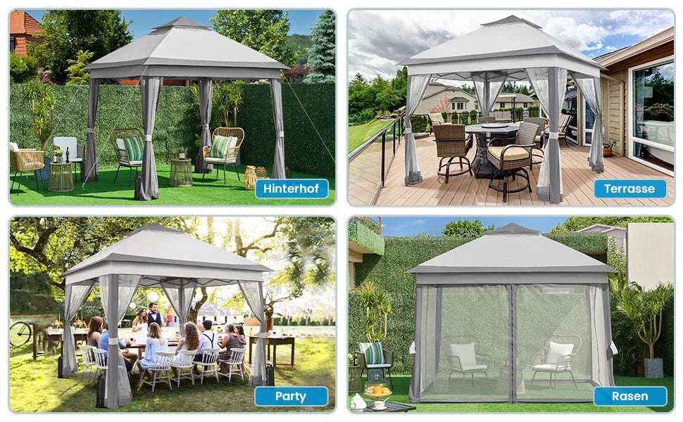 Gazebo 3.3x3.3m Waterproof Stable Pop Up Folding Gazebo, Adjustable Garden Gazebo with 4 Mosquito Net Side Panels & Double Roof