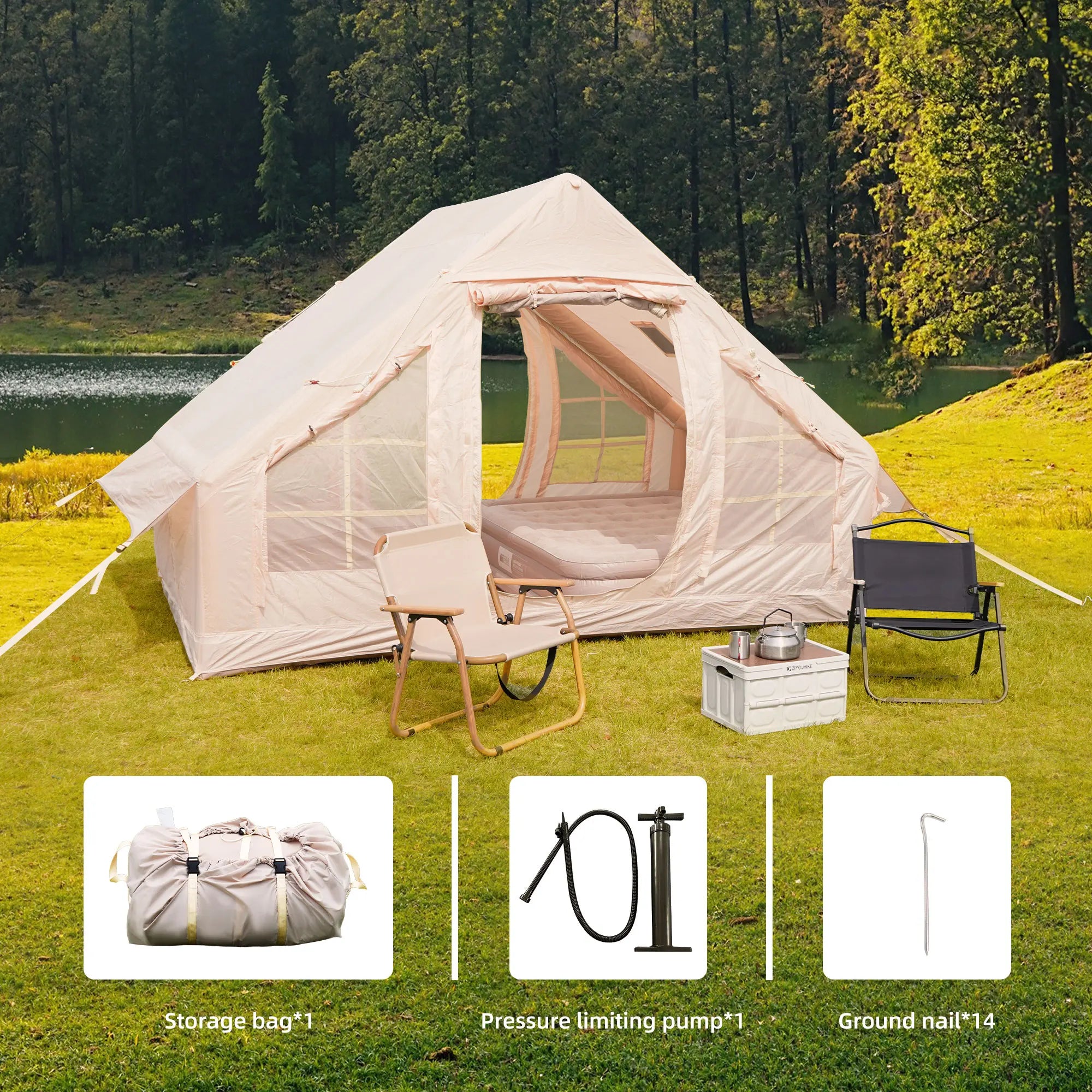 Inflatable Camping Tent with Chimney Window Easy Setup 4-Season Waterproof & Windproof Air Tent for Glamping Includes Hand Pump