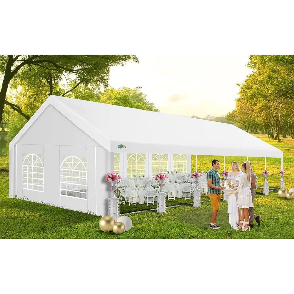 Tente de réception 20x40 robuste et imperméable avec 12 parois latérales, 16 fenêtres de type église et sacs de sable intégrés, grande auvent extérieur pour mariage