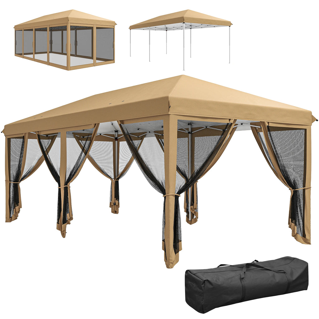 10x20 Pop Up Canopy Tent Water Resistant with Mesh Netting Heavy Duty Instant Sun Shelter Large Portable for Patio Garden Beige