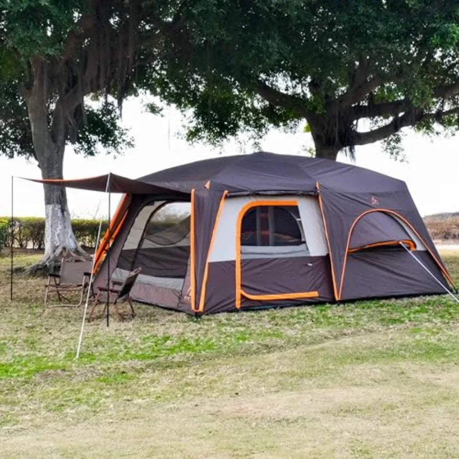 Extra Large Tent 12-14 Person, Family Cabin Tents, 2 Bay-Windows, 2 Rooms and 3 Doors 3 Windows with Mesh, Waterproof, Straight