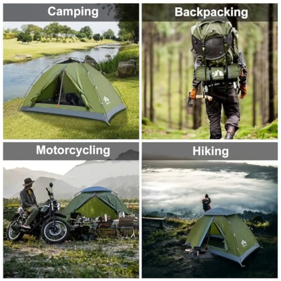 Backpacking tent for 1-2 persons, polyester fabric, gray color, quick-clipping setup and heavy rainproof design