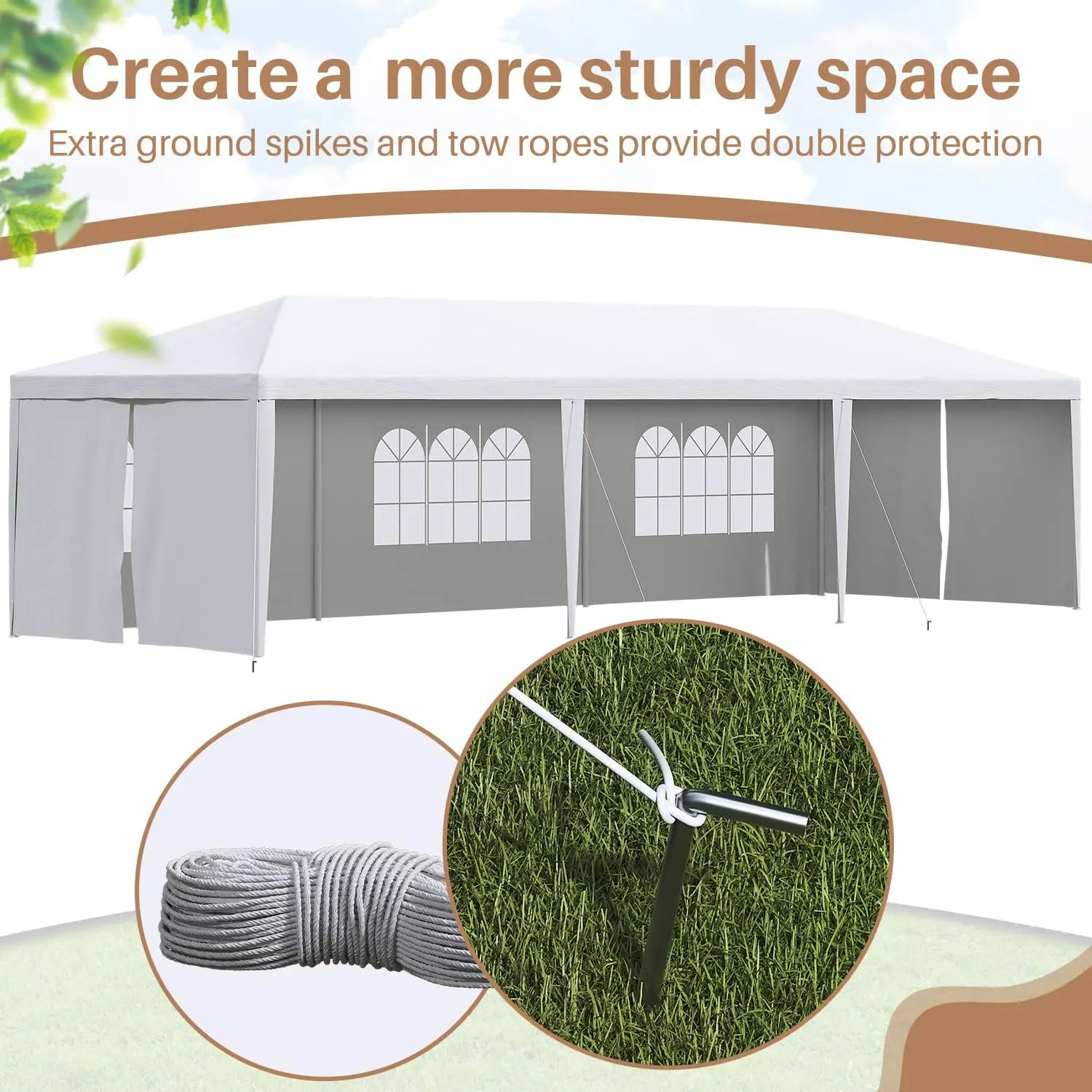 Abri de jardin 10x30 avec 6 parois latérales amovibles, gazebo robuste pour terrasse, camping, fêtes, mariages, événements, personnalisable