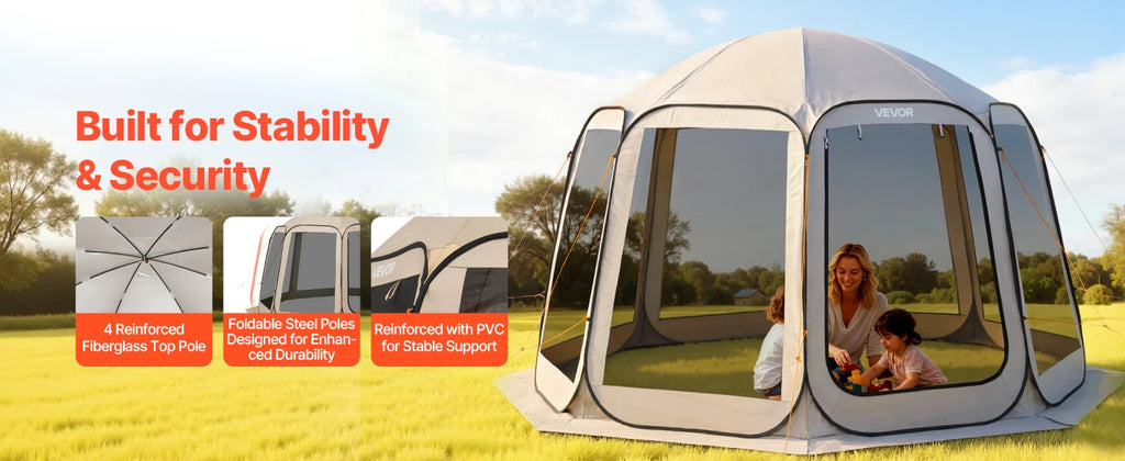 Pop-up Screen House Tent, 12 x 11 ft (approx. 3.7 x 3.4 m), screen gazebo for 10–12 people with extended awning, portable screened enclosure with carry bag and mesh walls, ideal for patios, backyards and outdoor activities