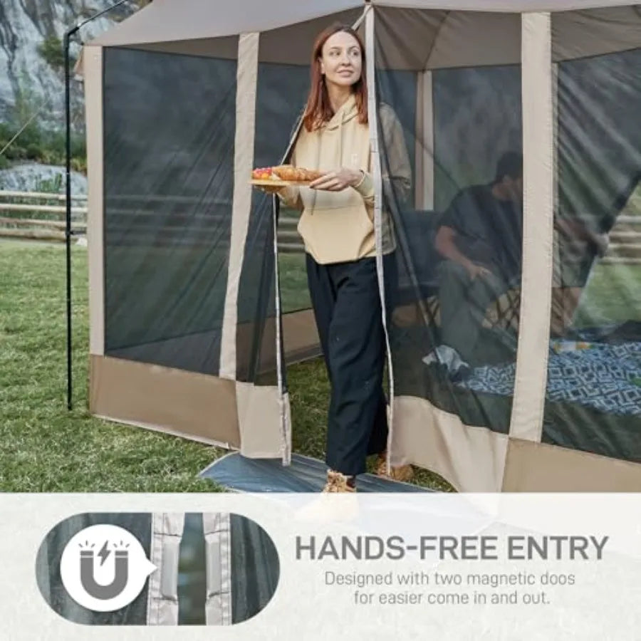 Magnetic Screen House Room 11x9ft for camping picnic, polyester mesh with silver coating, gray, hands-free entry and UV protect
