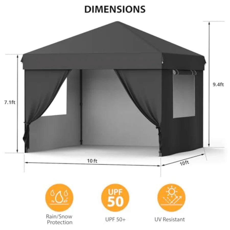 Outdoor party tent with 10x10 pop-up canopy, black polyester fabric, one-button push setup, 3-height adjustment, includes 4 sid