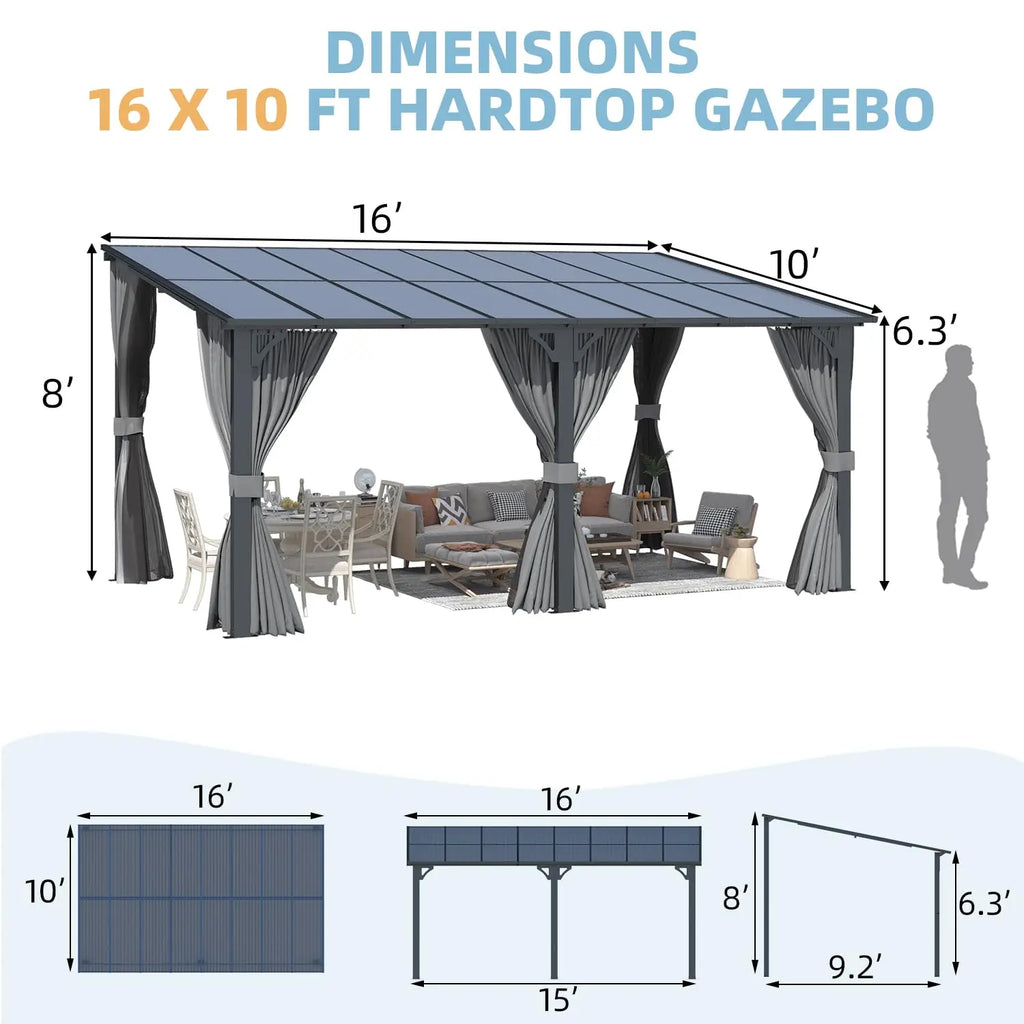 Gazebo Outdoor Pergola for Patio with Curtains and Netting, Large Wall-Mounted Hardtop 10x16 Lean to, Customized