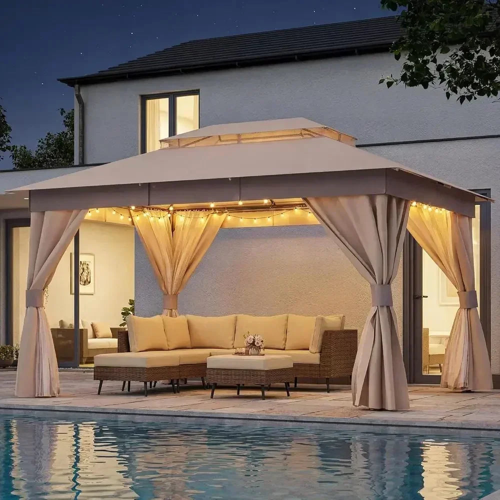 10'x13' Outdoor Gazebo with Double Roof, Mosquito Net, and Privacy for Backyard Parties and Events