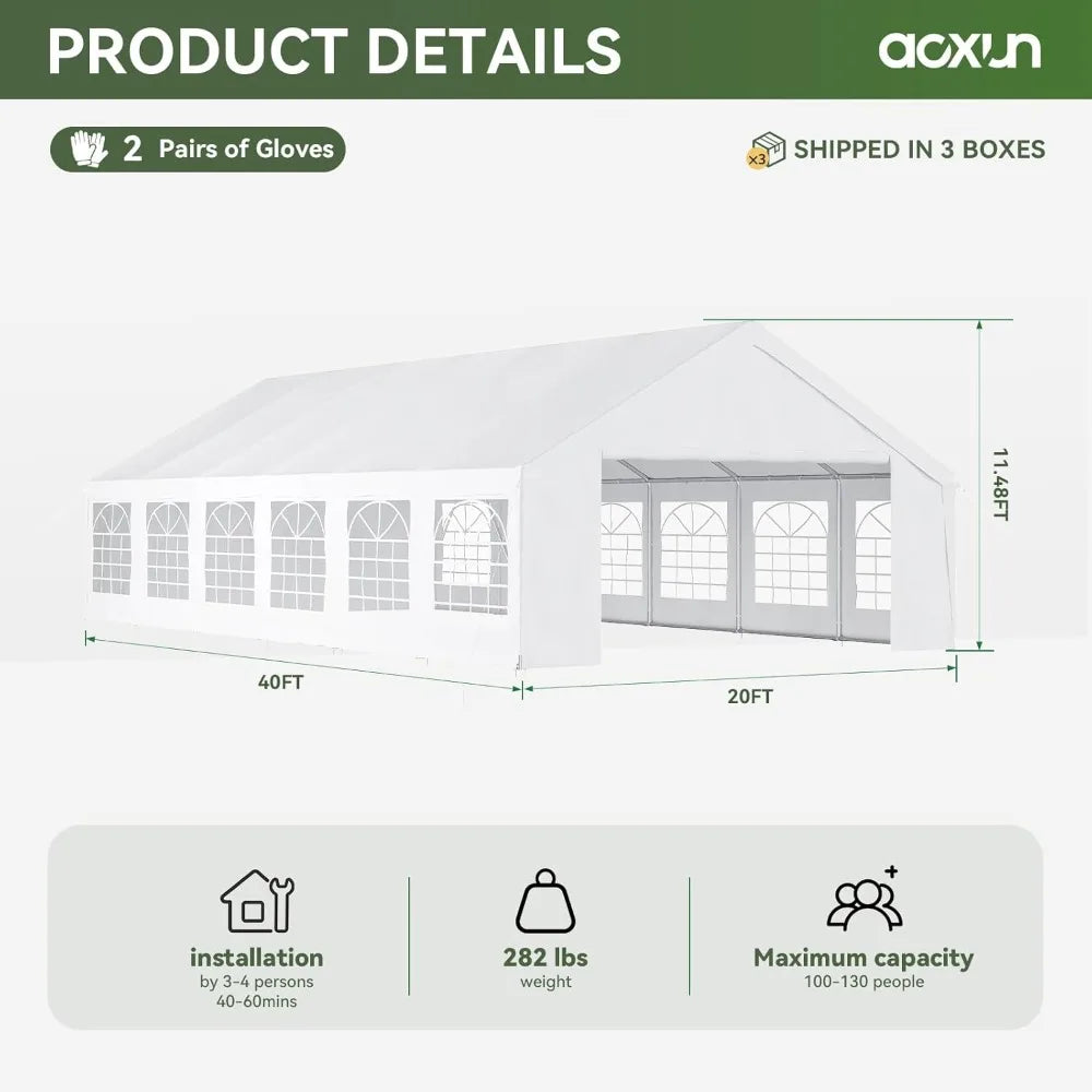 Aoxun 20x40 Party Tent,Waterproof Canopy with Removable Sidewalls & Roll-up Door,Steel Frame for Wedding BBQ Camping,White