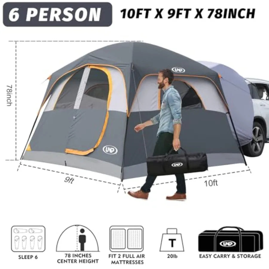 Camping SUV tent for tailgate use, polyester fabric, gray color, quick-setup with rainfly and spacious 10'x9'x78in H interior