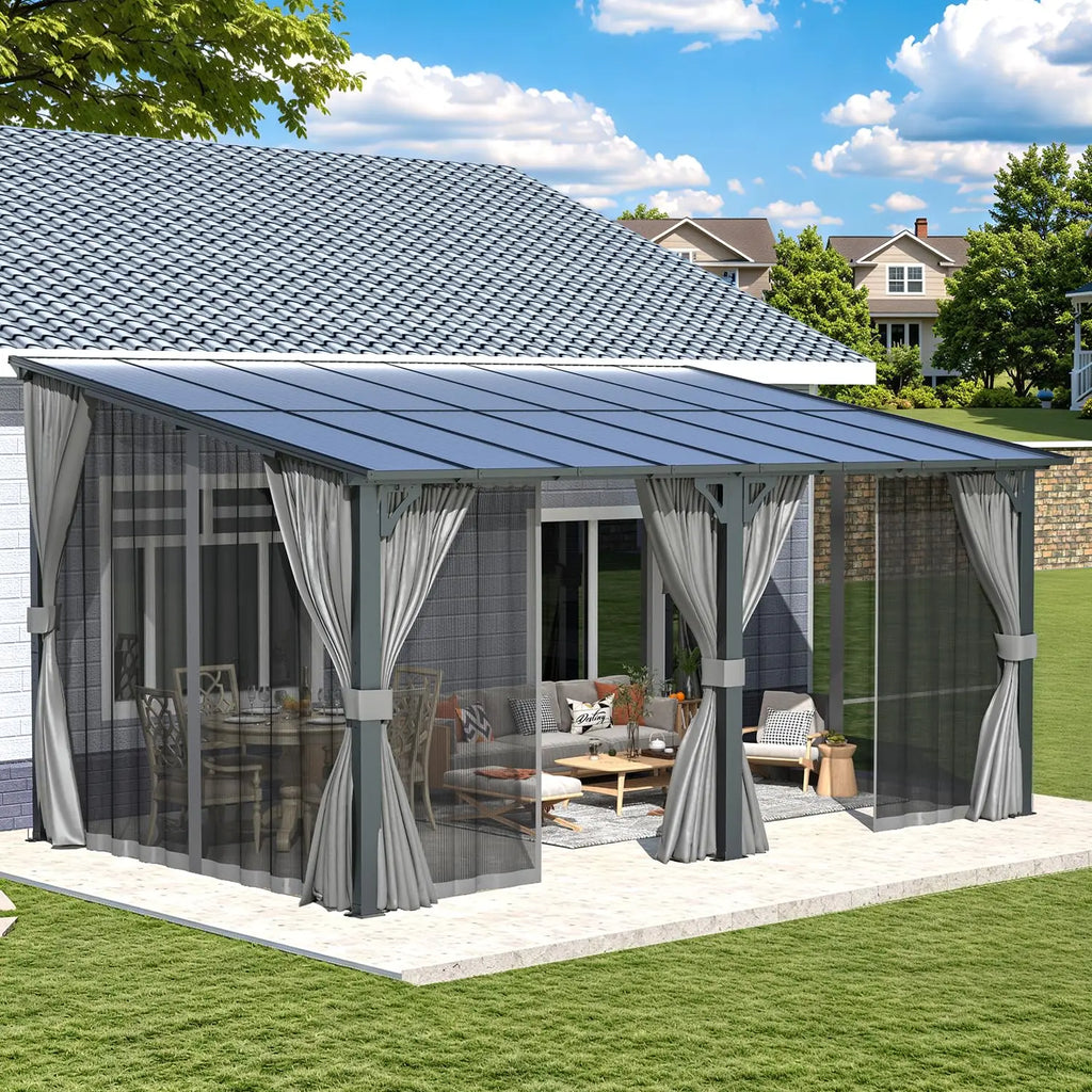 Gazebo Outdoor Pergola for Patio with Curtains and Netting, Large Wall-Mounted Hardtop 10x16 Lean to, Customized
