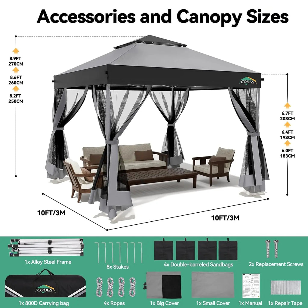 10x10 Pop Up Gazebo Canopy Tent with Mosquito Netting Vented Roof Metal Frame Easy Setup for Backyard Camping Deck Beach, Custom
