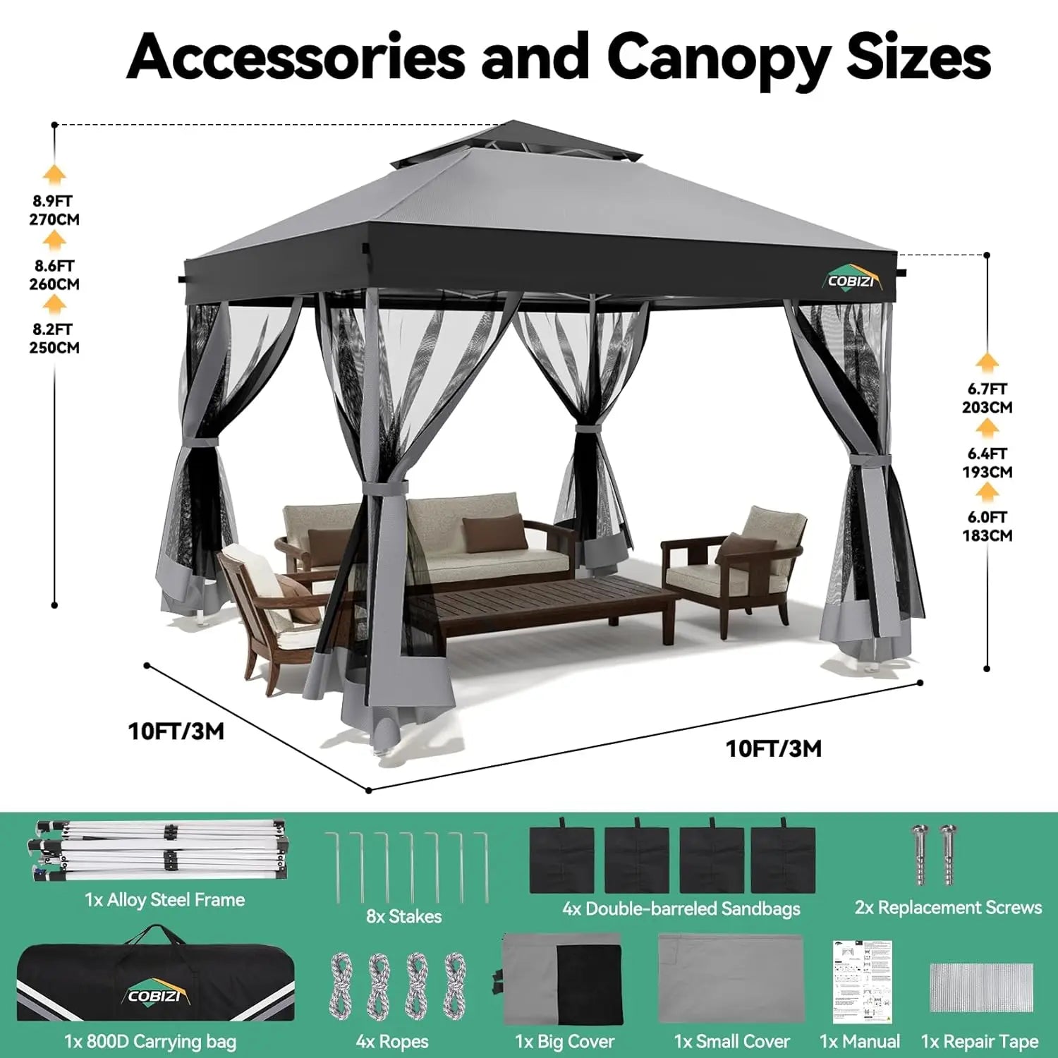 10x10 Pop Up Gazebo Canopy Tent with Mosquito Netting Vented Roof Metal Frame Easy Setup for Backyard Camping Deck Beach, Custom