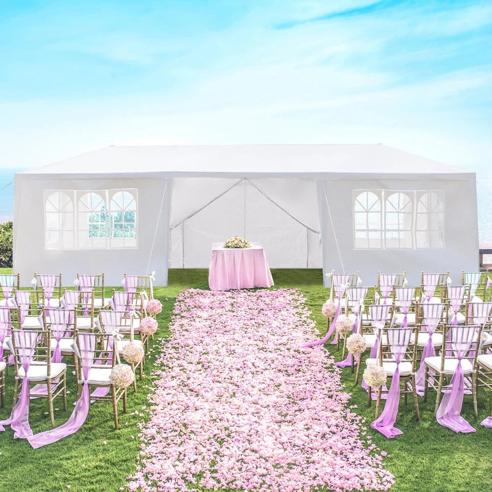 Tente de réception blanche 10'x30' avec 8 parois latérales amovibles, en tissu PE et structure en fer, gazebo d'extérieur imperméable avec fenêtres pour mariages, événements en plein air, abri de patio