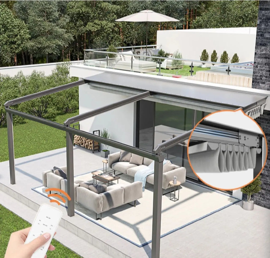 Modern Motorized Folding Canopy LED Light Pergola Aluminum Frame Outdoor Sun Shade Conservatory Awning Retractable Roof Gazebos