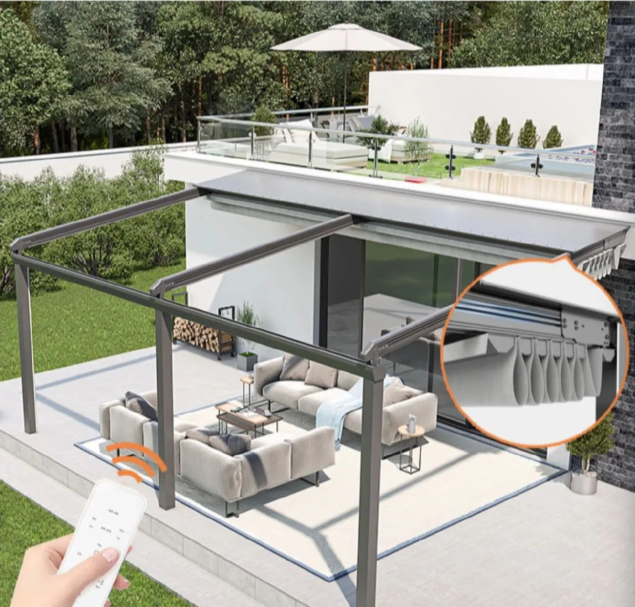 Modern Motorized Folding Canopy LED Light Pergola Aluminum Frame Outdoor Sun Shade Conservatory Awning Retractable Roof Gazebos