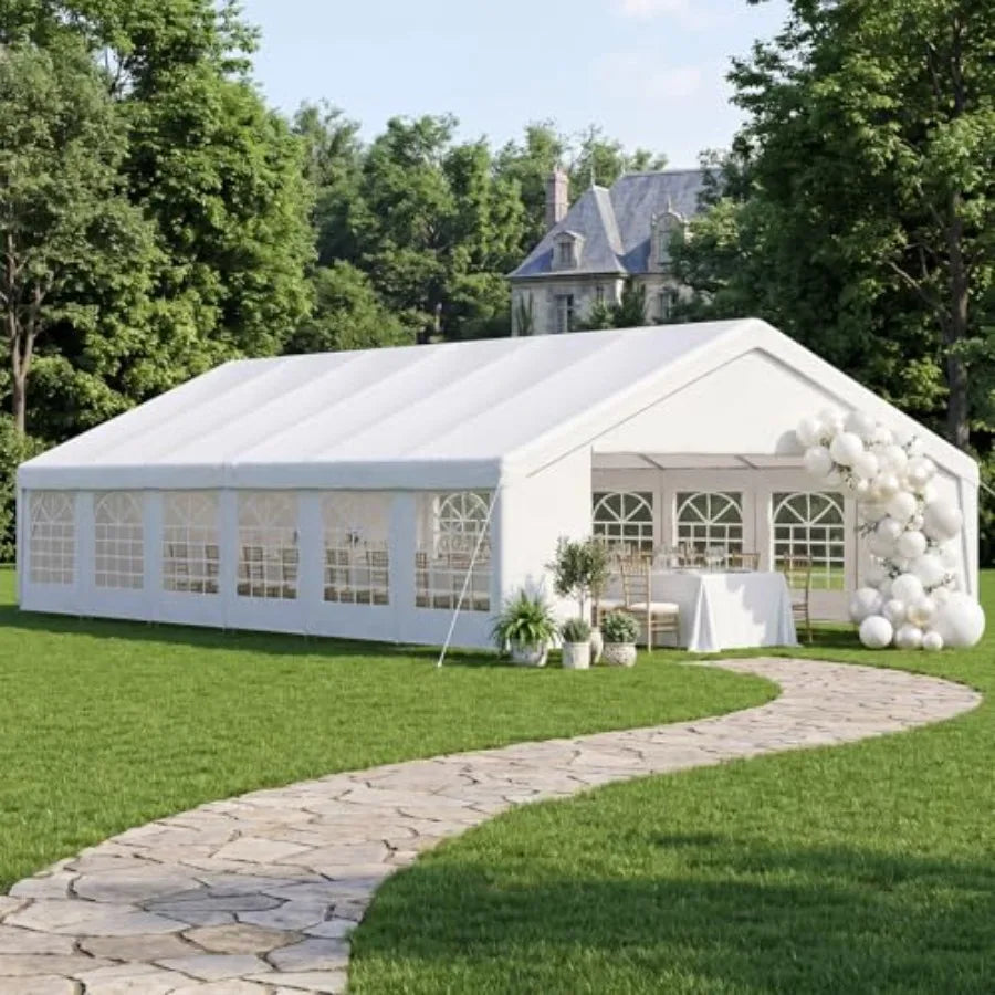 20x40 Party Tent Canopy for Weddings: Waterproof white polyester canopy with heavy-duty steel frame, removable sidewalls roll-u