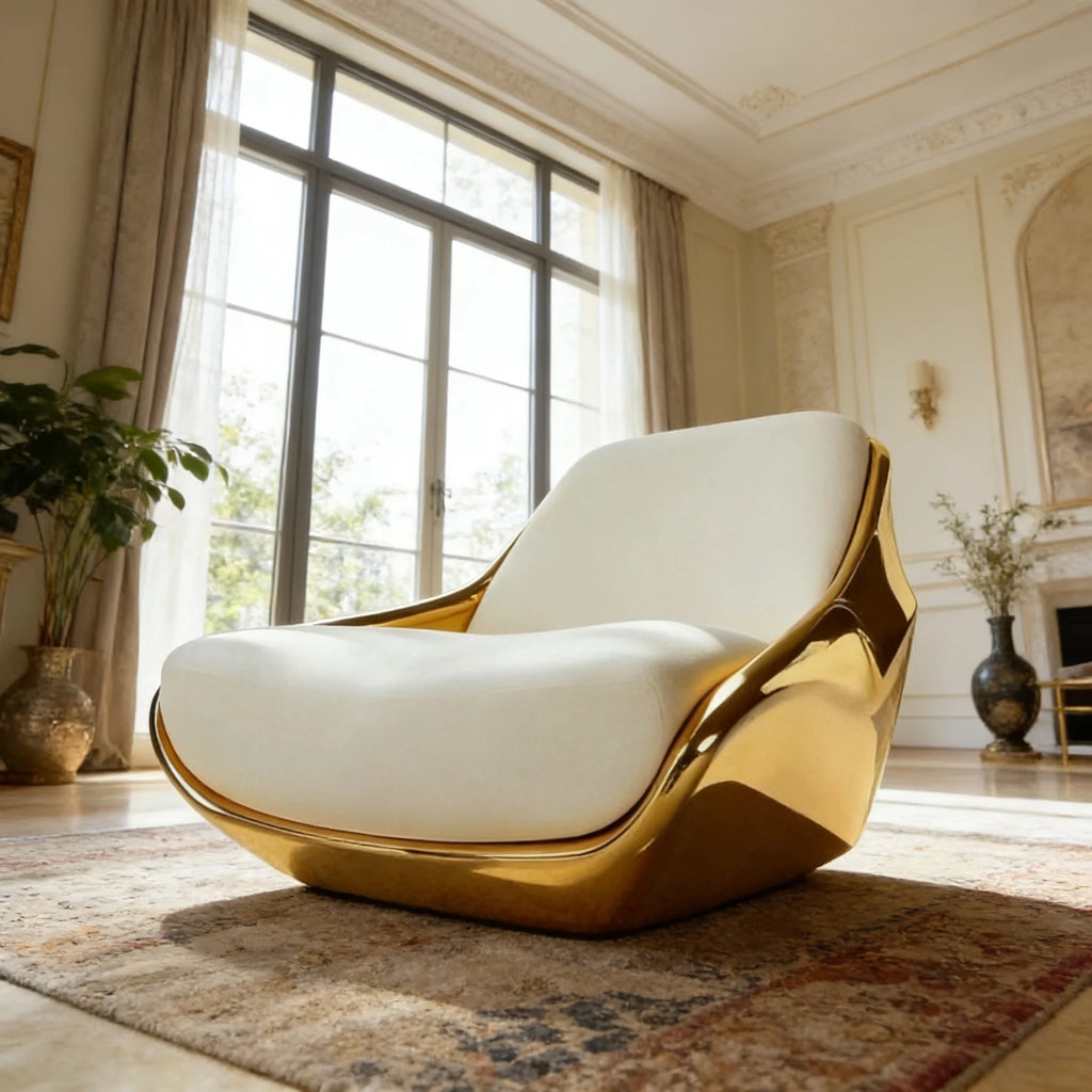 High-End Glamorous Accent Chair with Gold Fiberglass and White Upholstery for Upscale Home Interiors