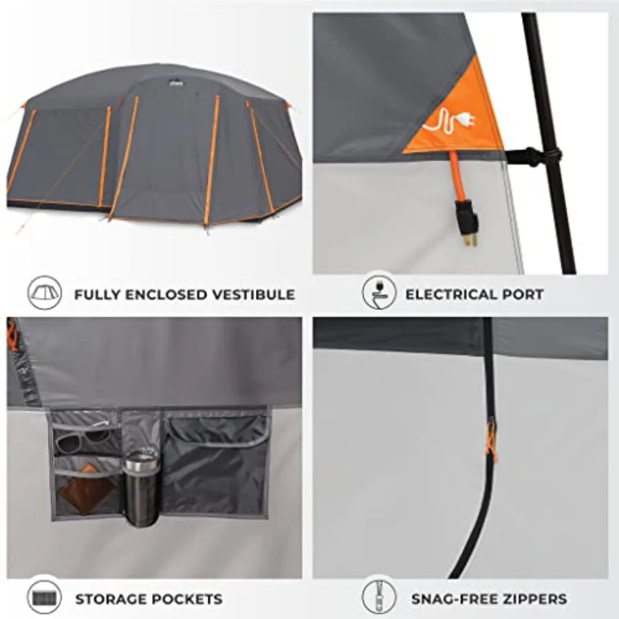 Family camping tent for 10-12 persons, multi-room cabin design, polyester fabric, gray-green color, waterproof and quick-setup