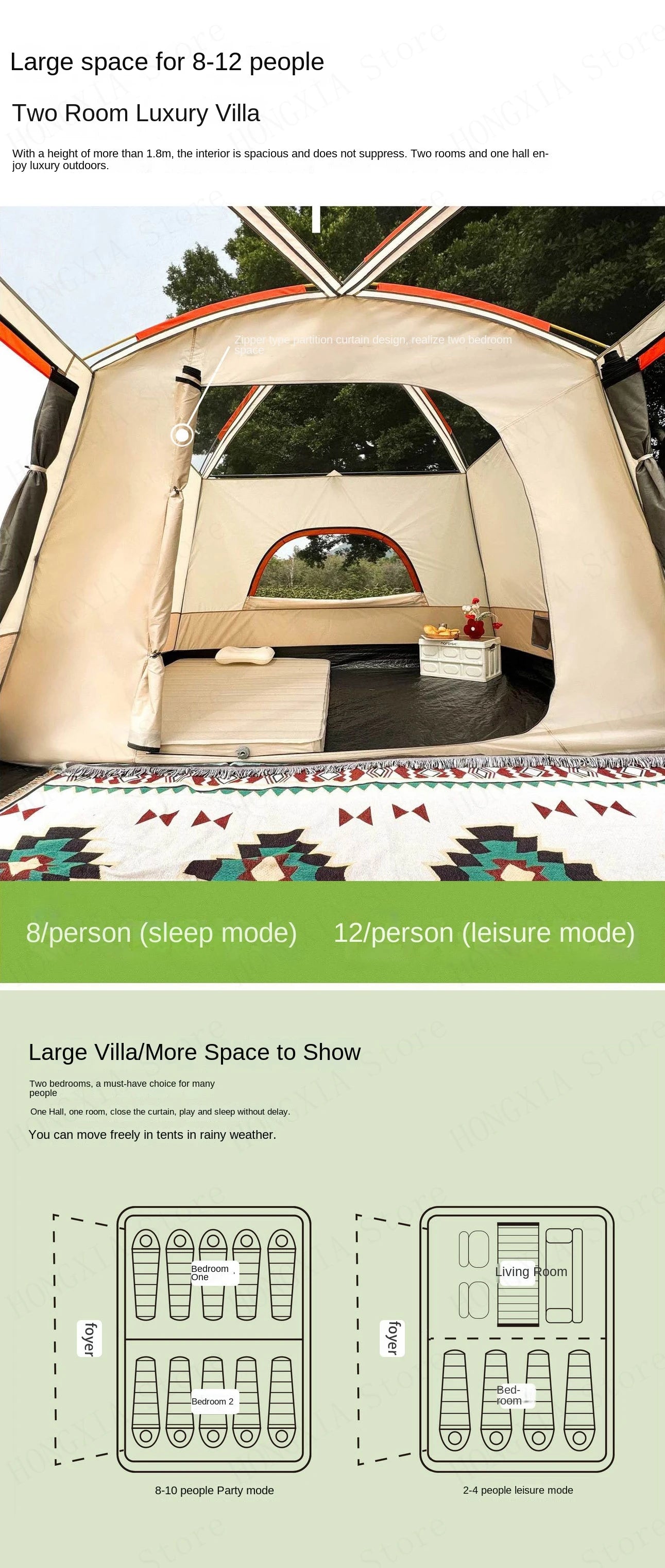 Double Rainproof Outdoor Tent, 2 Rooms and 1 Hall Villa Tent, Camping Tents, 4-10 Person, Overnight Camping Equipment, New