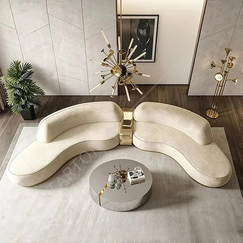 Luxurious Leisure Leather Curved Sofa with Brass Base Couch Elegance Living Room Set Villa Whole House Furniture Customization