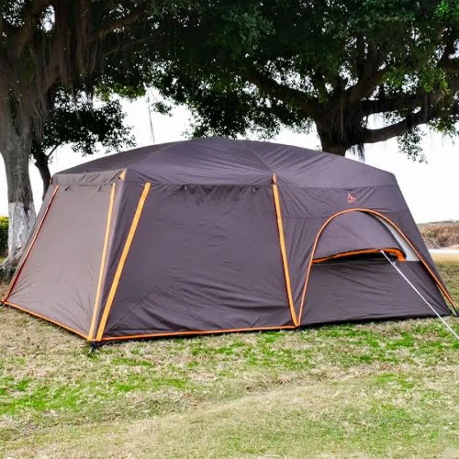 Extra Large Tent 12-14 Person, Family Cabin Tents, 2 Bay-Windows, 2 Rooms and 3 Doors 3 Windows with Mesh, Waterproof, Straight