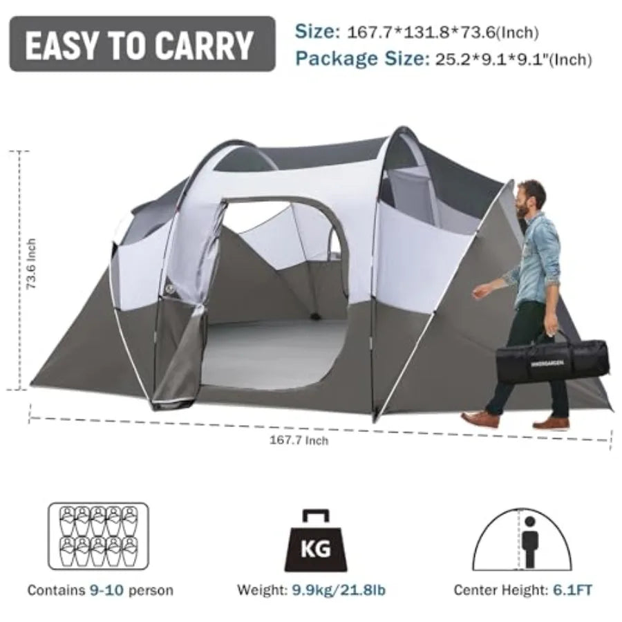 10-person camping tent for family outdoor use, polyester windproof fabric, gray-green color, quick-setup dome design
