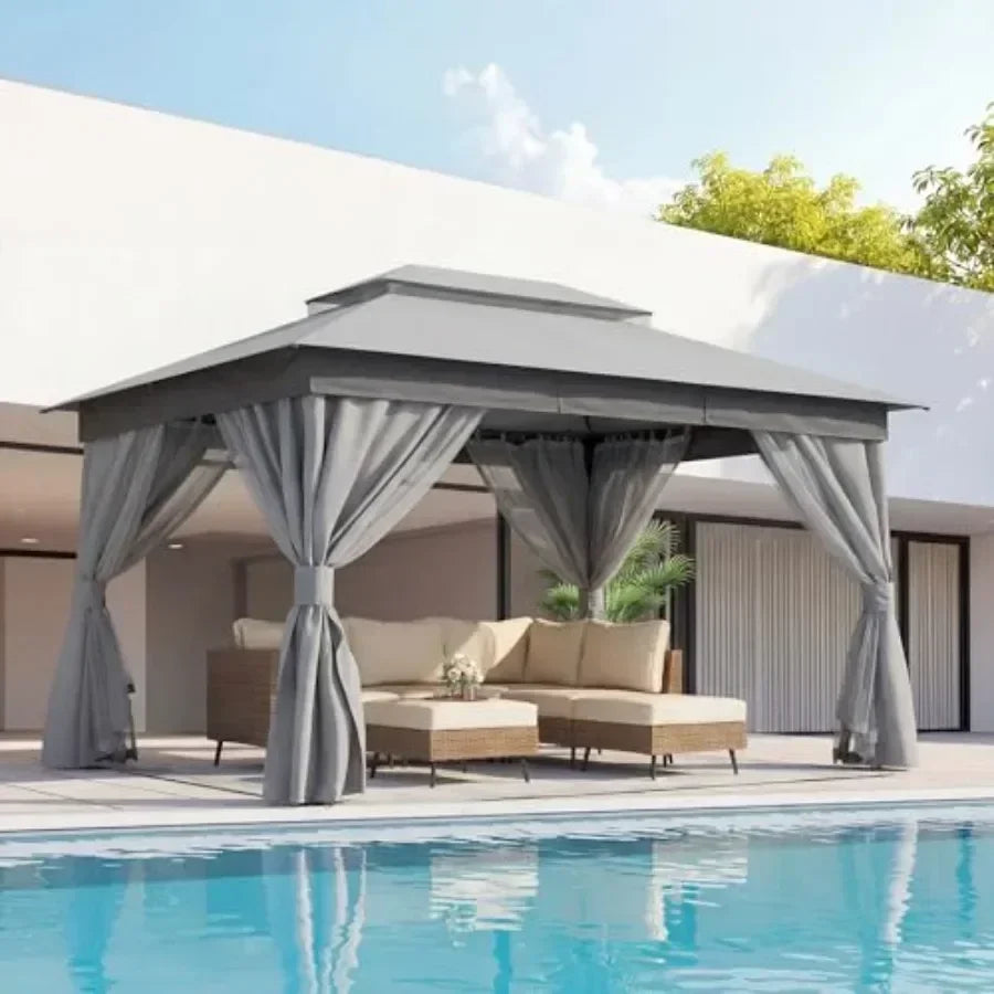 Gazebo 10x13ft Heavy Duty Patio Gazebo with Expansion Bolts Party  Tent with Double Roofs Mosquito Nettings and Privacy Sns for