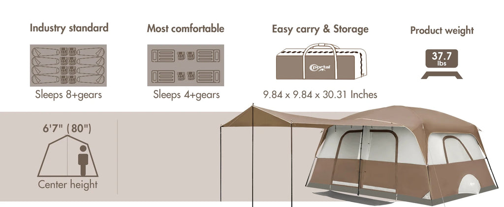 6 | 8 | 10 Person Family Camping Tent with Porch, Big Family Camping Tent with Tall Height, Good Ventilation, Water Resitant Large Tent for Outdoor Camping, Backyard